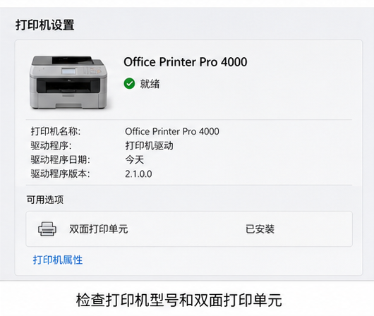 核对打印机完整型号和双面器配置