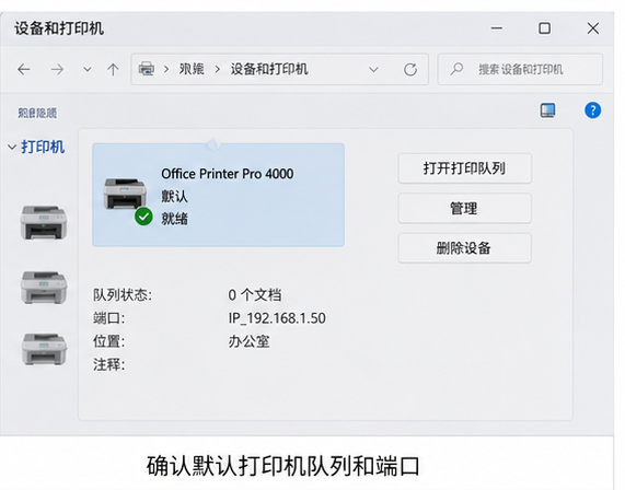 检查默认打印机、队列和端口对应关系