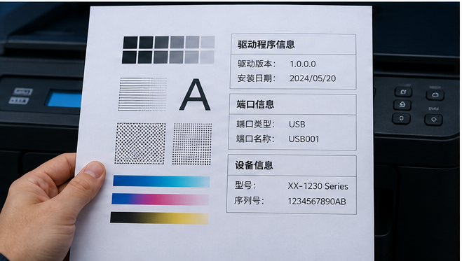 打印机驱动测试页与队列验证示意图 4