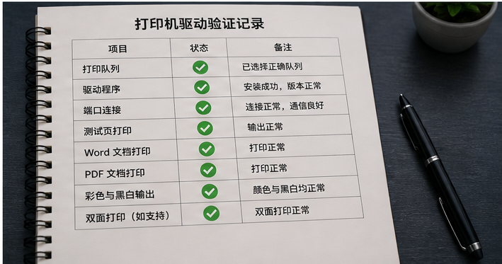 打印机驱动测试页与队列验证示意图 6